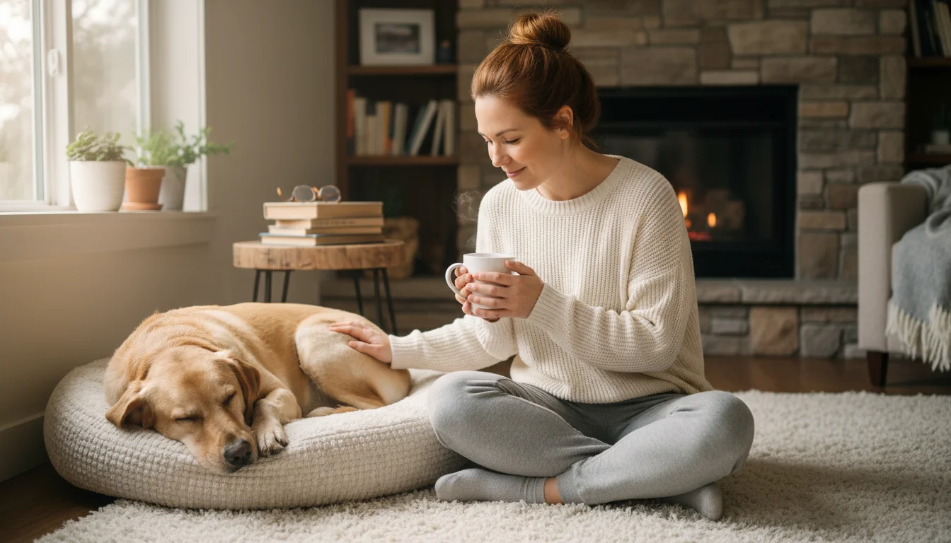 A fluffy dog is sleeping soundly on its bed with its owner sitting next to it, gently stroking its back.