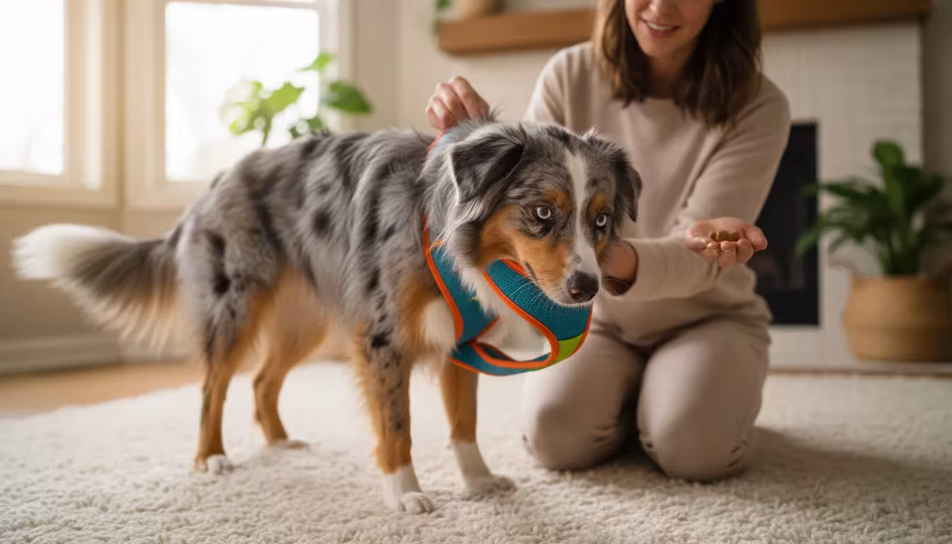 A fluffy dog sniffs a colorful dog harness held by a person on a soft rug, anticipating a treat.