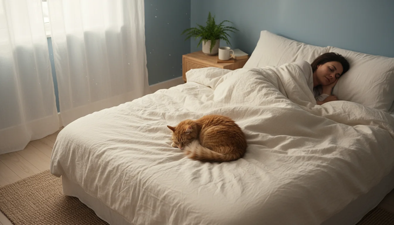 A fluffy ginger cat peacefully asleep on a duvet next to a person in a soft, sunlit bedroom.