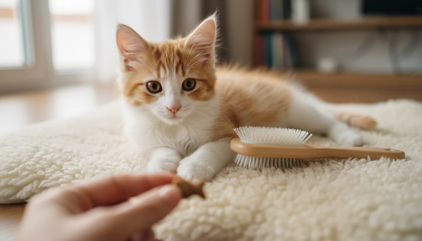 A fluffy ginger kitten on a sheepskin blanket looks at a treat offered by a human hand, near a new brush.
