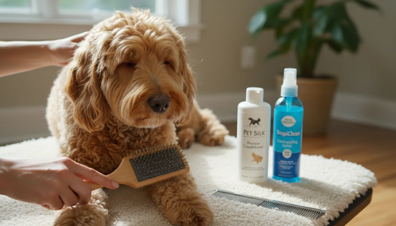 A fluffy golden doodle dog lies on a soft mat as a person gently brushes its coat. Grooming spray and conditioner bottles are nearby.