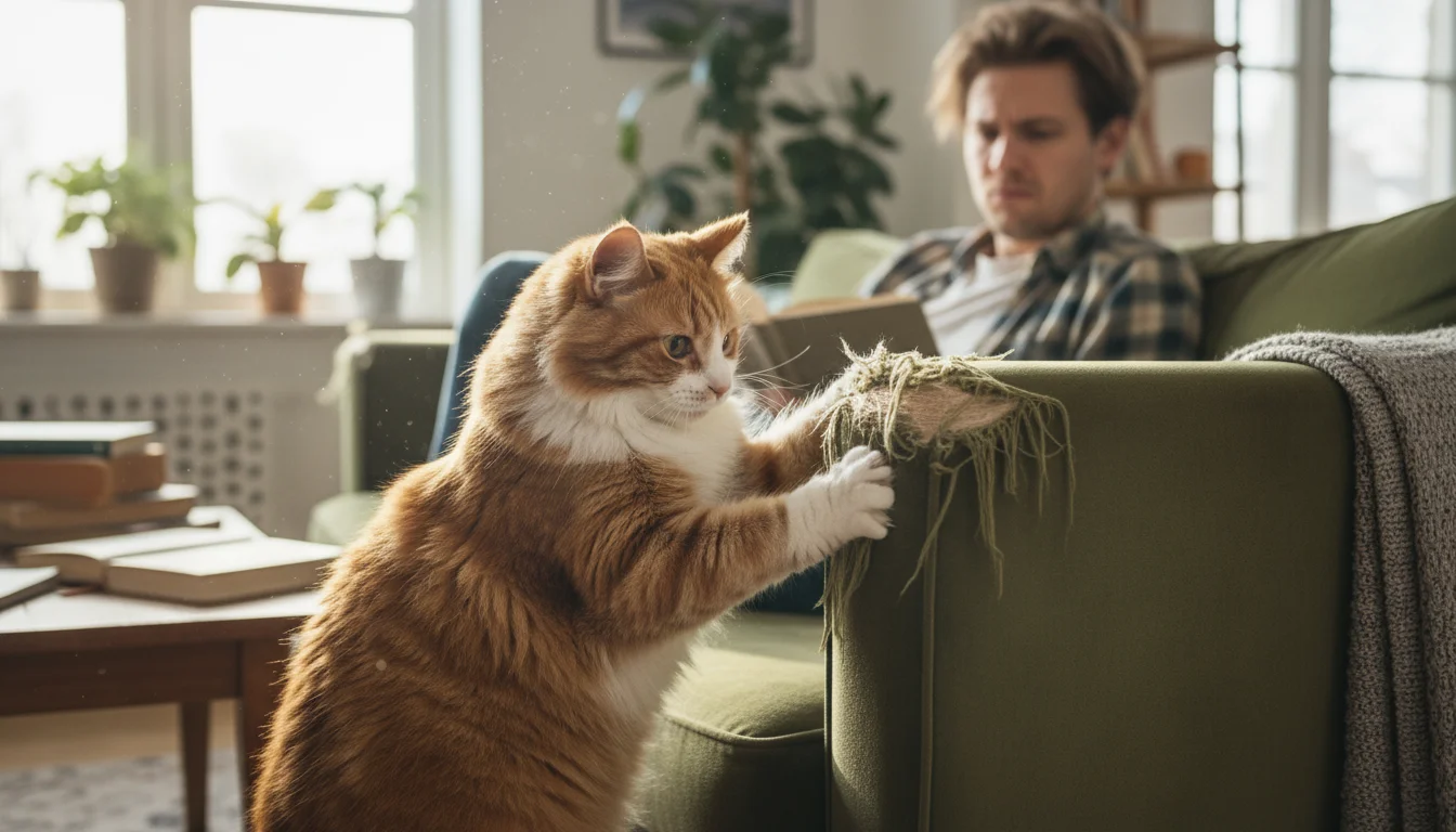 A fluffy housecat scratches a frayed fabric sofa armrest, claws extended. A human owner stands behind, looking at the cat with concern.