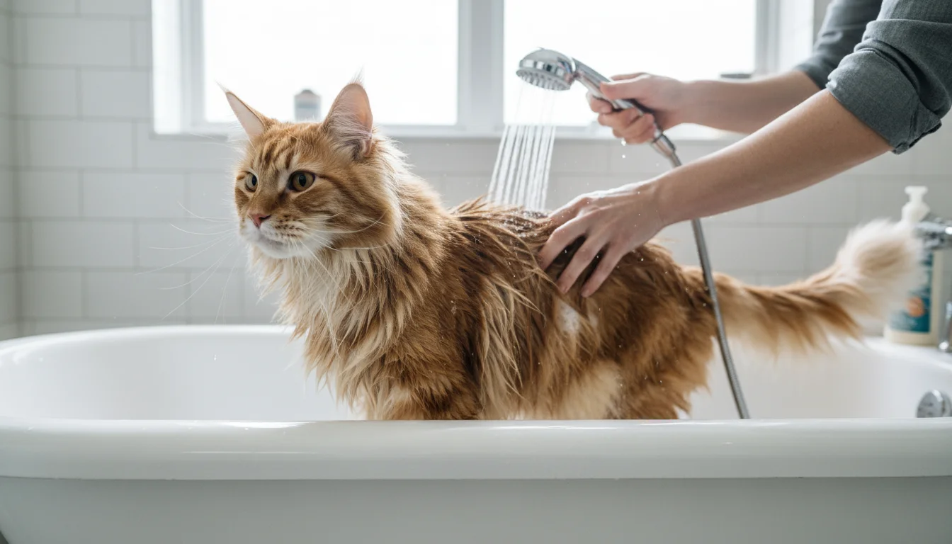 A fluffy Maine Coon cat stands calmly in a tub while a person gently bathes it, suds and water glistening on its fur.