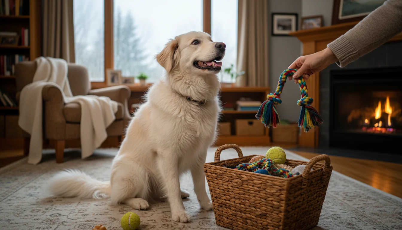 A fluffy mixed-breed dog looks attentively at an adult's hand placing a colorful rope toy into a wicker basket, indoors on a rainy day.