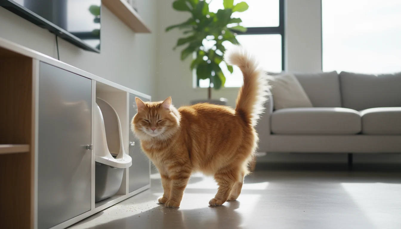 A fluffy orange tabby cat calmly walks away from a modern grey litter box unit in a sunlit, clean room, looking content.
