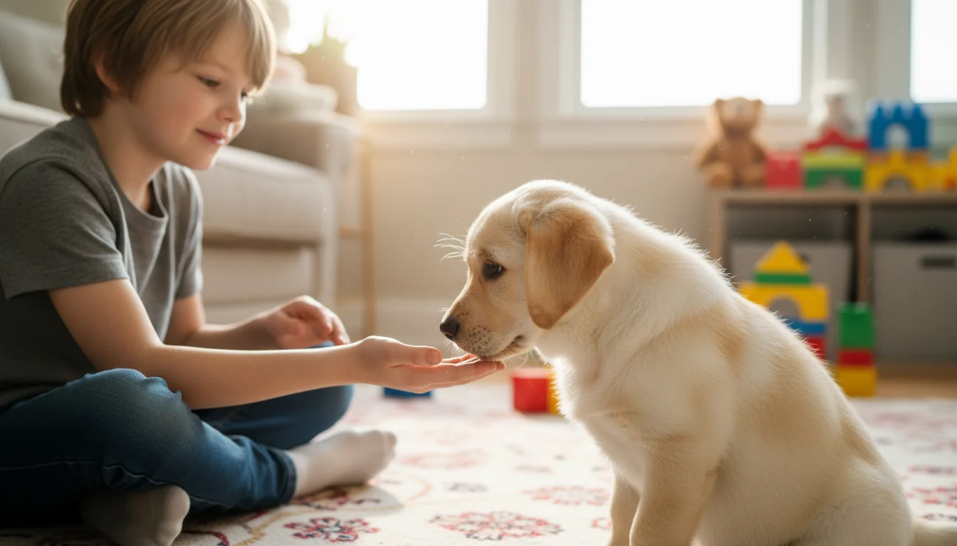 A fluffy 10-week-old Labrador puppy sniffs the open hand of a calm 7-year-old child sitting on a rug.