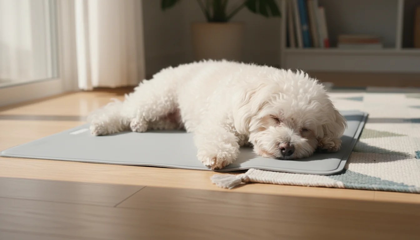 A fluffy white Bichon Frise mix dog relaxes on a grey cooling mat on a wooden floor, one paw resting on an adjacent rug.