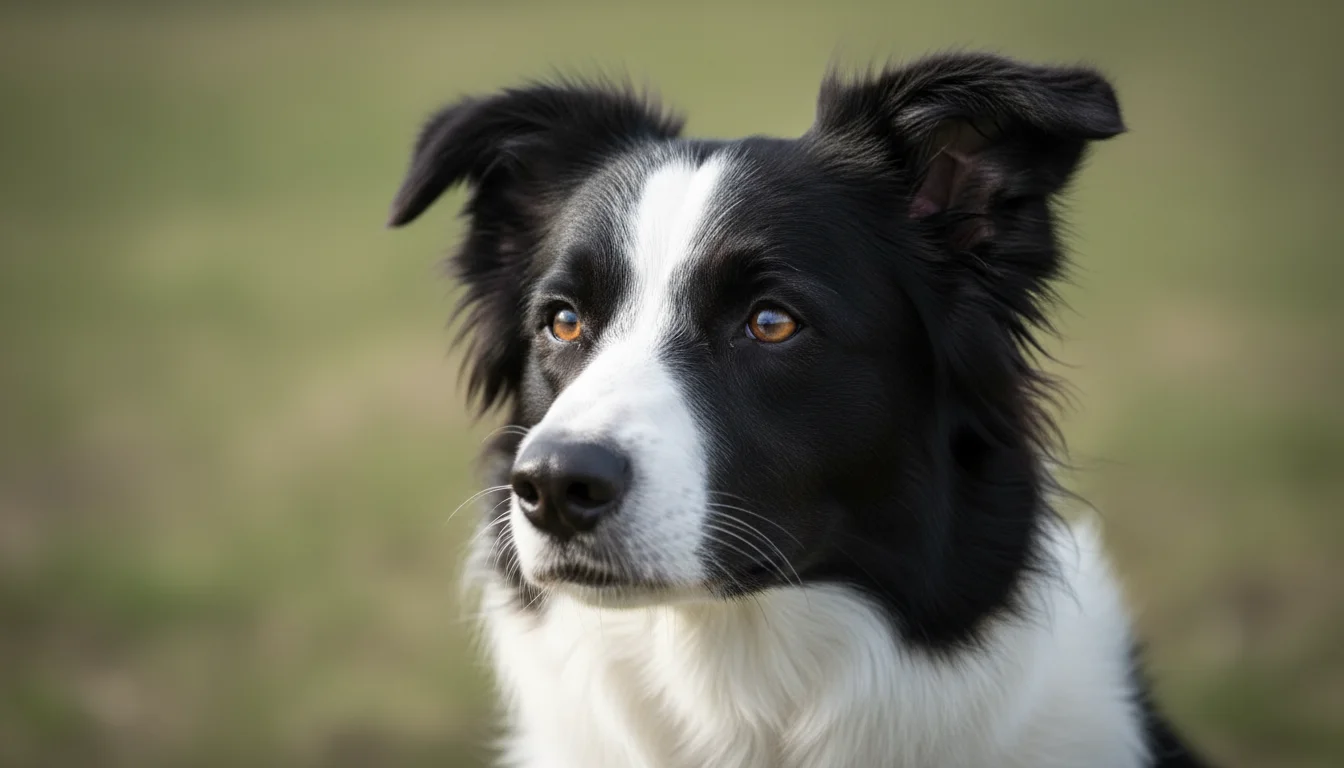 A focused Border Collie mix dog with one ear cocked forward, the other relaxed. Its brown eyes show an inquisitive gaze and its mouth is gently closed