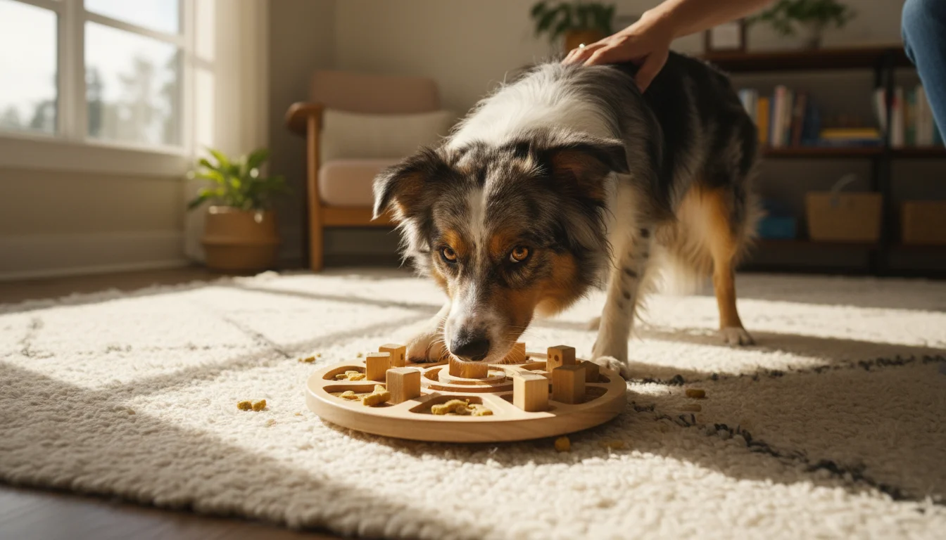 A focused Border Collie mix dog solving a wooden puzzle feeder toy on a textured rug, with a human's hand gently comforting its back.