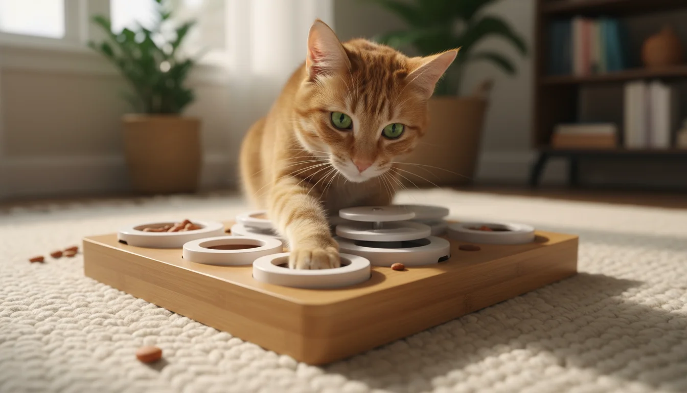 A focused ginger cat explores a multi-compartment puzzle feeder on a light-colored rug, reaching a paw into one of its sections.