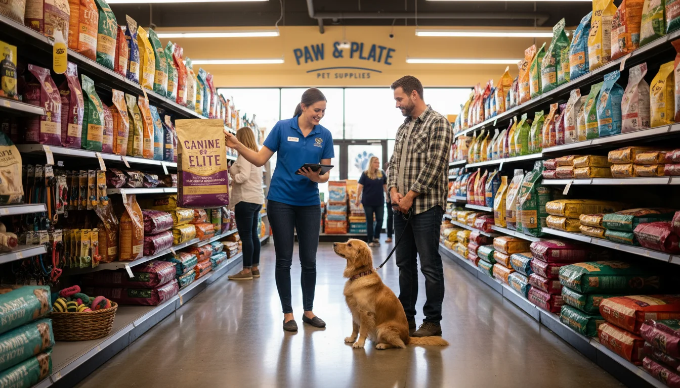 A friendly pet store employee points to a dog food bag while explaining options to a male owner holding his small dog.