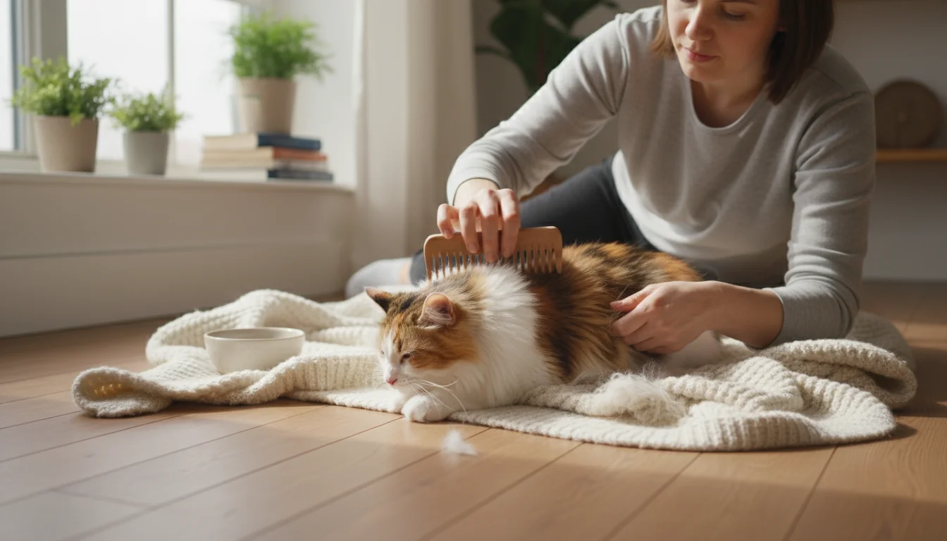 A gentle adult brushes a fluffy, long-haired calico cat lying relaxed on a soft blanket in a sunlit room.