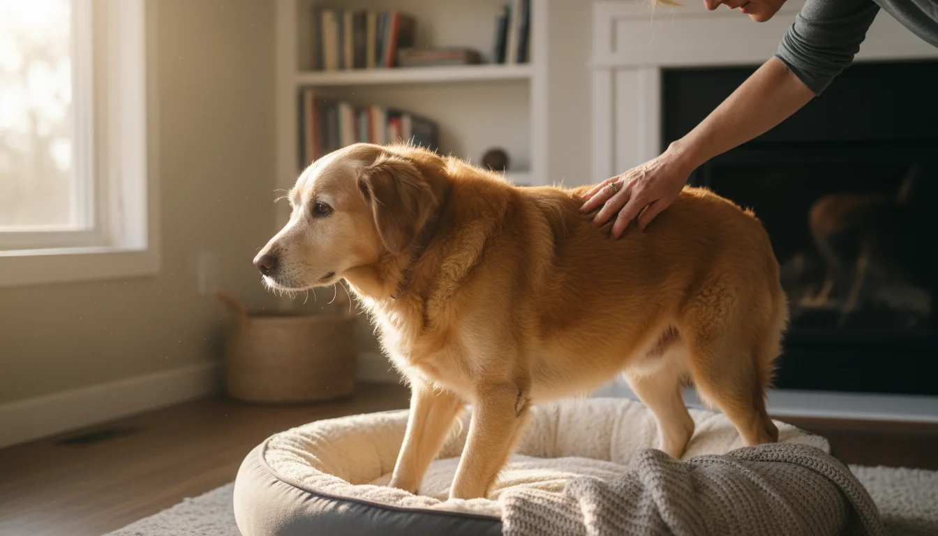 A gentle-faced senior retriever mix dog with a frosted muzzle slowly rises from a dog bed. An adult's hand gently rests on its back, offering comfort.
