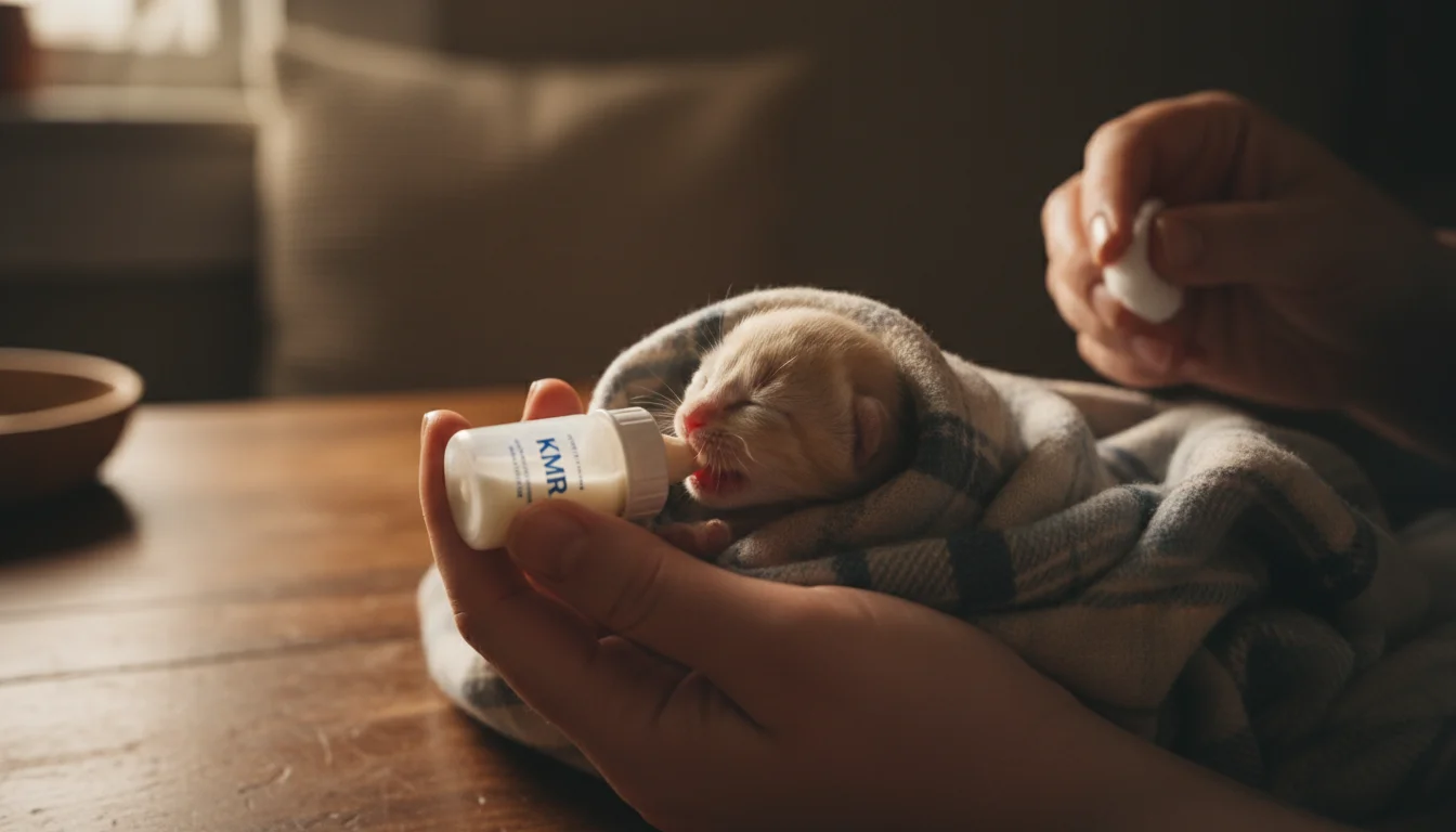 Gentle hands bottle-feed a tiny, cream-colored newborn kitten wrapped in soft flannel. KMR bottle at mouth, damp cotton ball near tail.