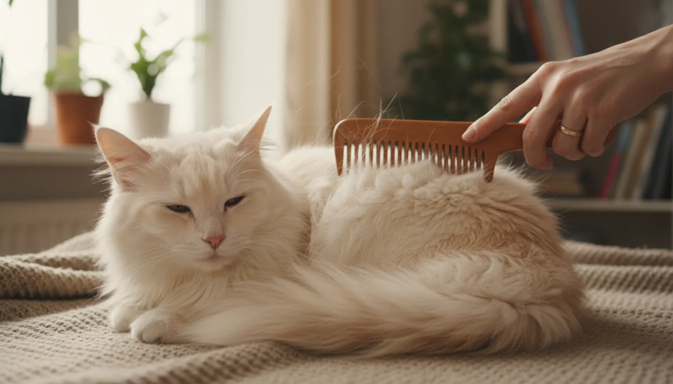 A gentle human hand combs the long, cream fur of a relaxed senior cat's hindquarters while it lies on a blanket.