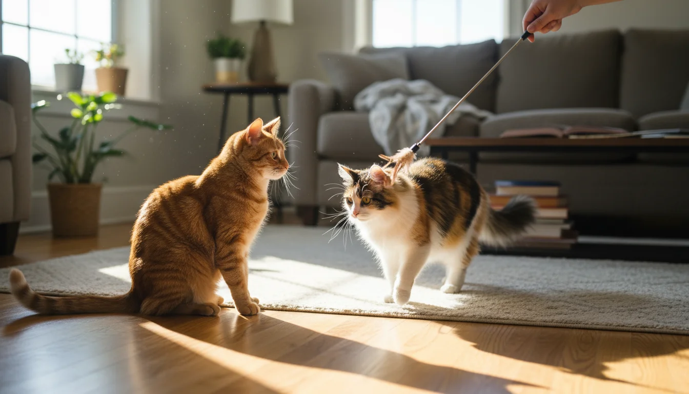 A ginger cat and a calico cat calmly observe each other in a sunny living room, with a human's hand visible nearby for supervision.