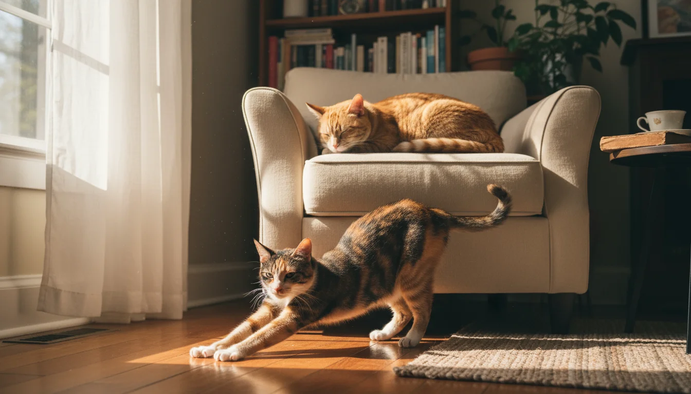 A ginger cat naps peacefully in a sunlit armchair as a calico cat stretches and walks past in a cozy living room.
