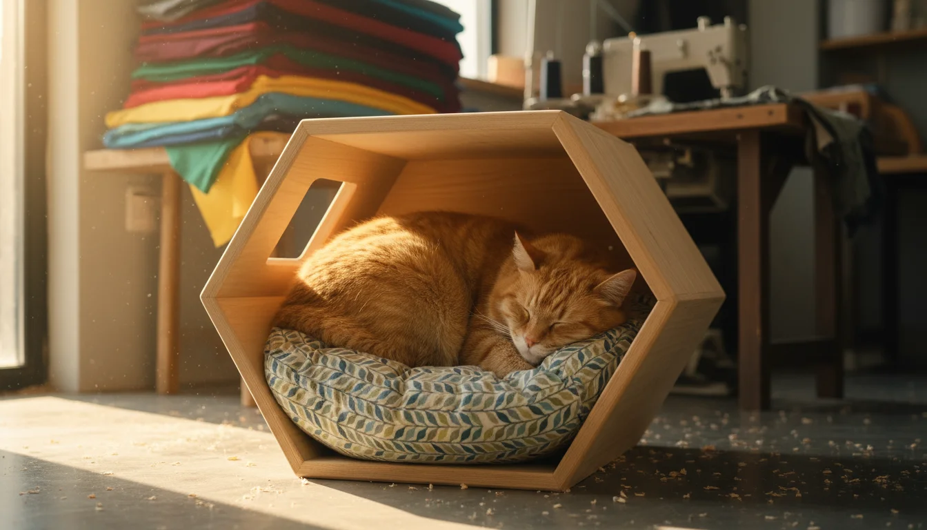Ginger cat sleeping soundly in a custom-built wooden cat cave with a soft cushion, surrounded by subtle signs of a crafting area.