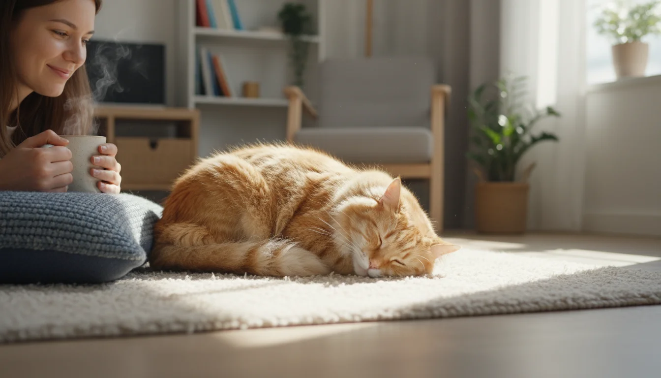 A ginger cat sleeps peacefully in a sunbeam on a living room rug, a human's hand gently observing nearby.