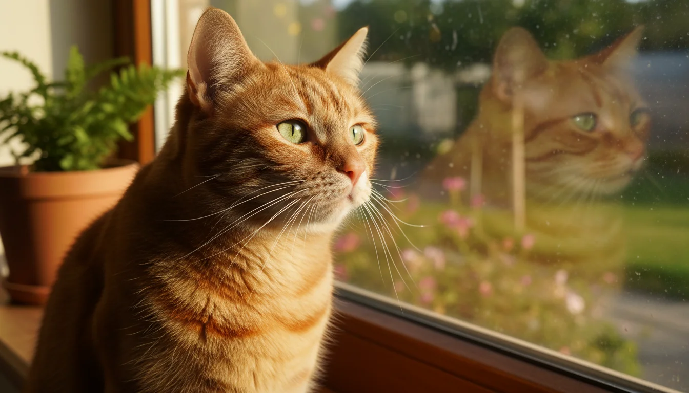 A ginger tabby cat with bright green eyes presses its nose against a sunlit windowpane, looking out intently.