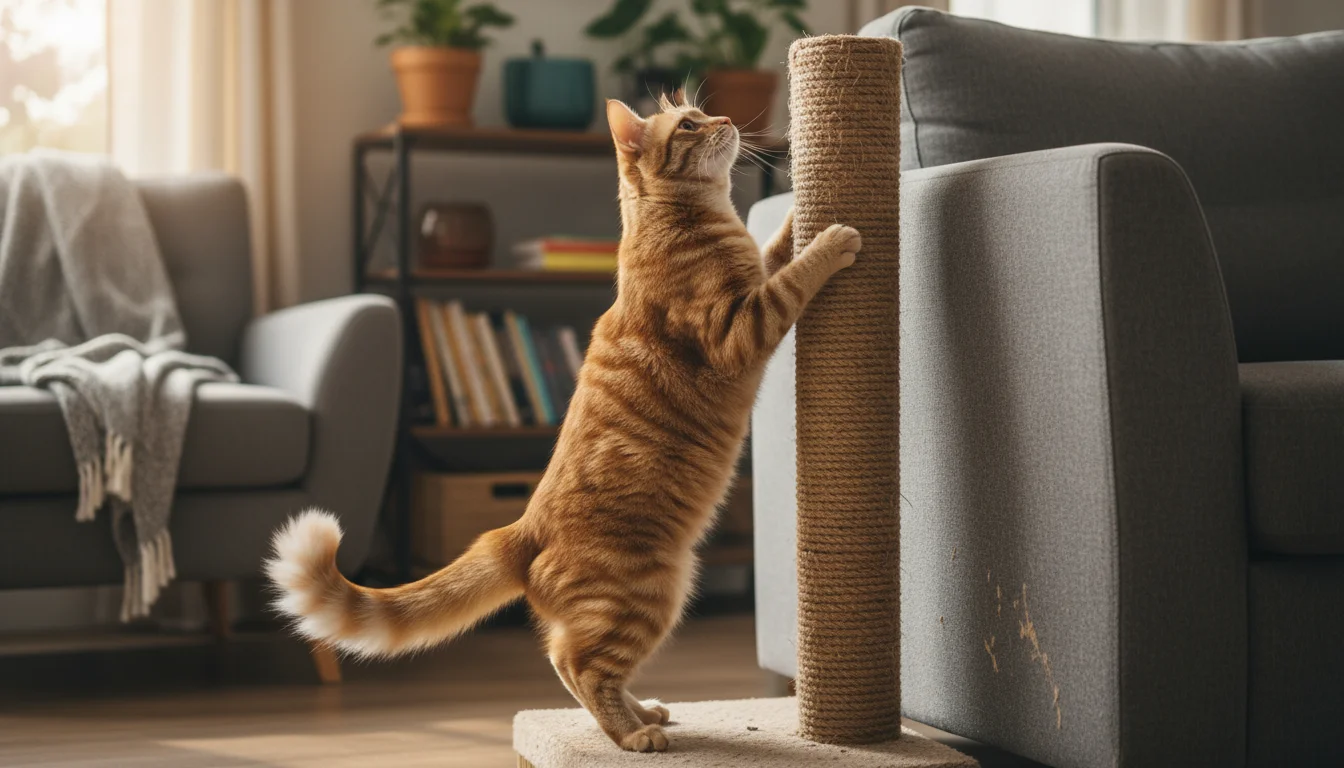 A ginger tabby cat calmly stretches up a sisal scratching post placed right beside a grey fabric sofa.