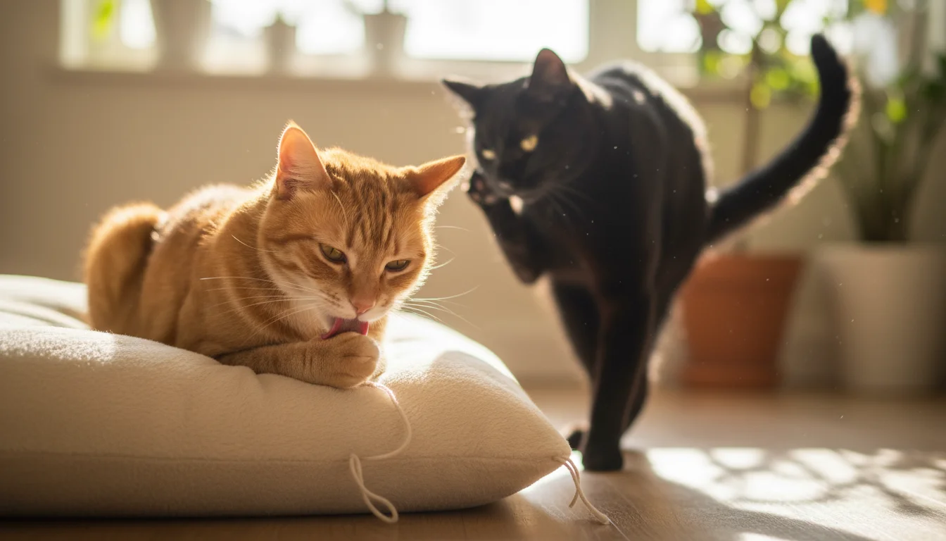 A ginger tabby cat licks its paw, while a black cat scratches its ear in a sunlit room.