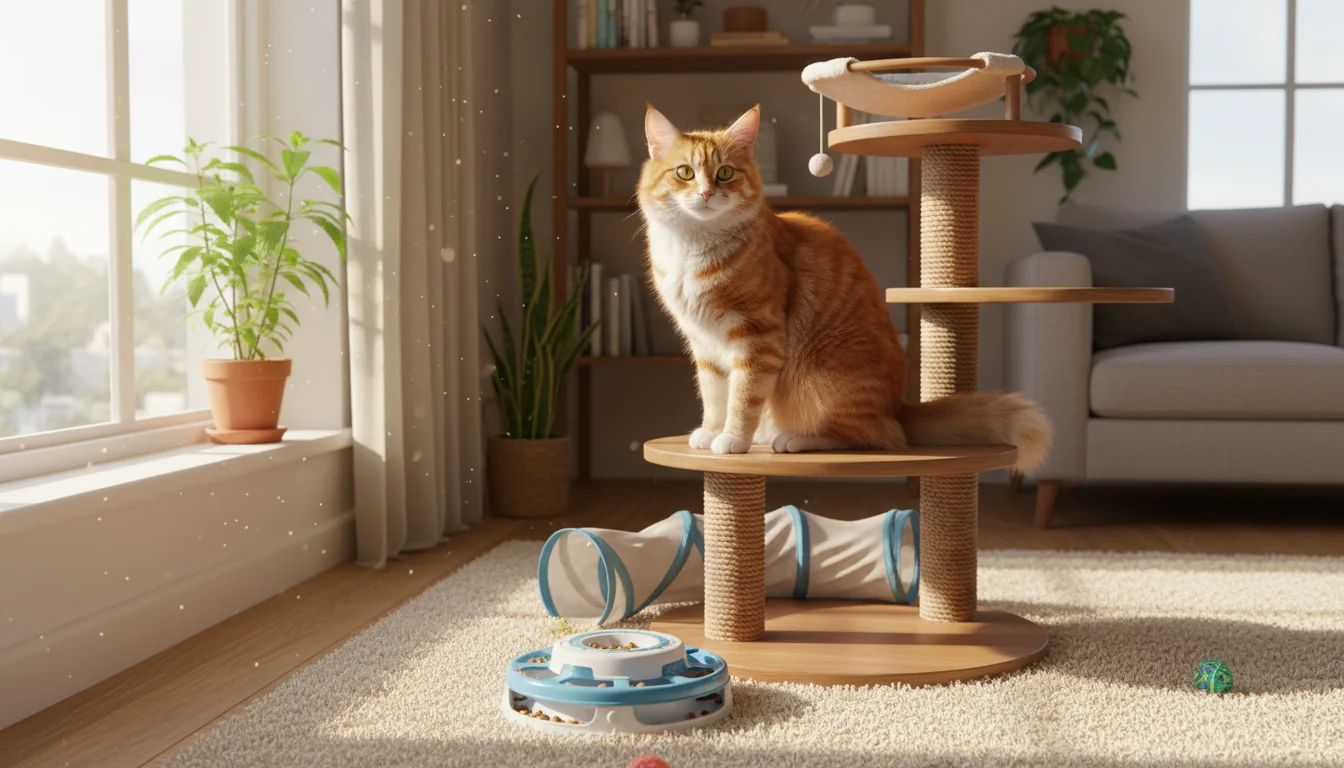 A ginger tabby cat on a multi-level wooden cat tree by a sunny window, with a puzzle feeder on the floor.