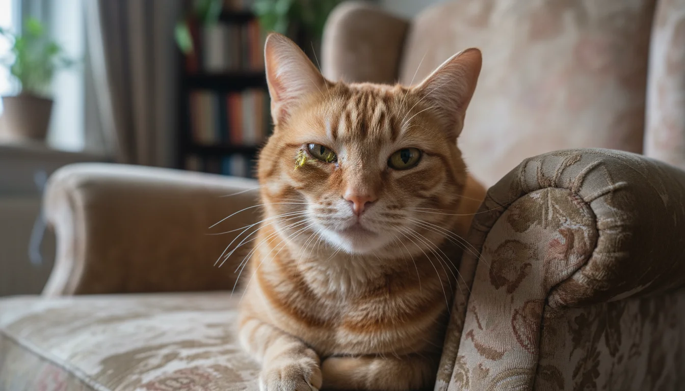 A ginger tabby cat with one eye squinted, showing thick yellowish-green discharge in the corner and matted fur around it.