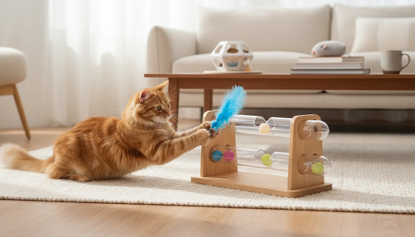 A ginger tabby cat plays intently with a wooden and plastic ball track toy on a rug. Other cat toys are visible on a shelf in the background.