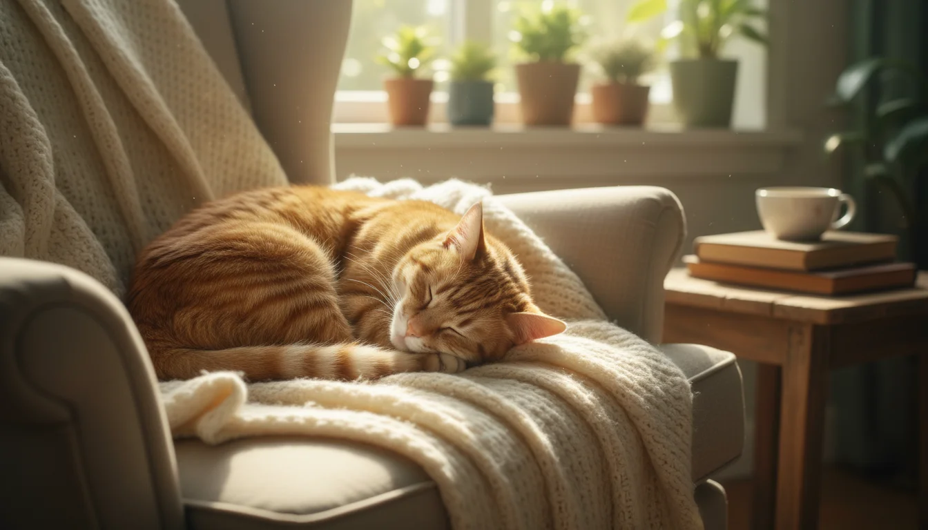 A ginger tabby cat profoundly asleep, curled tightly in a sunbeam on a soft cream blanket on an armchair, a paw twitching.