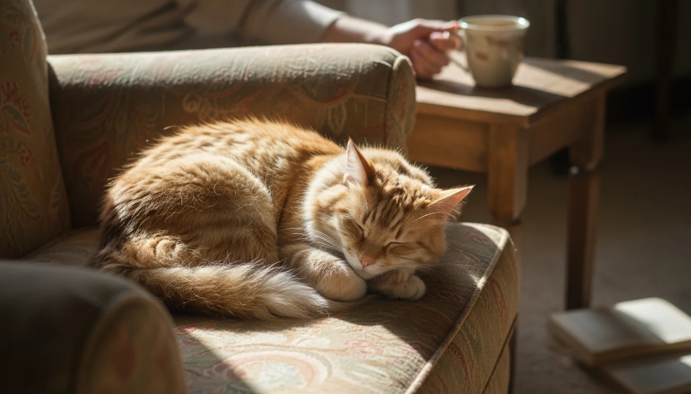 A ginger tabby cat sleeps peacefully in a sunbeam on an armchair, with a person's hand and mug visible in the background.