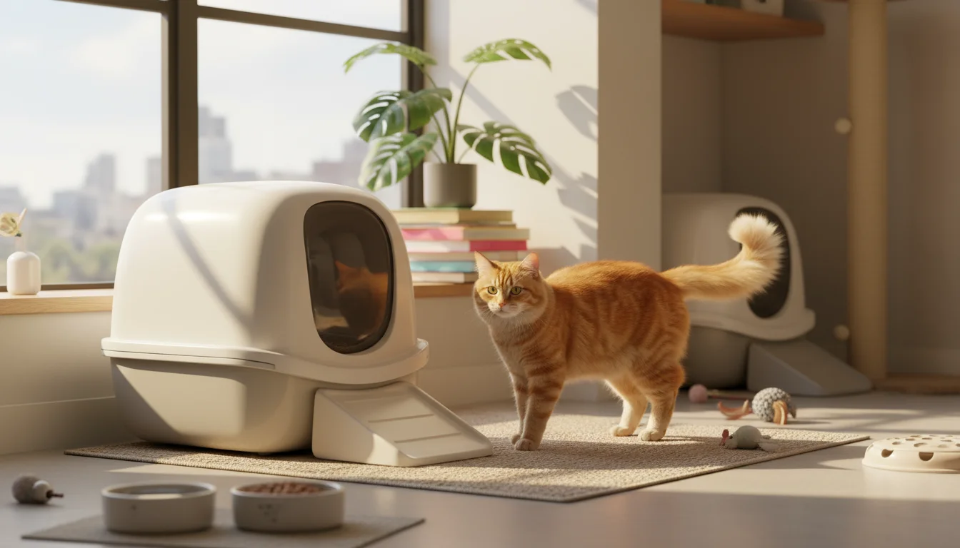 A ginger tabby cat steps out of a clean litter box in a cozy home, with a second litter box visible in the background.