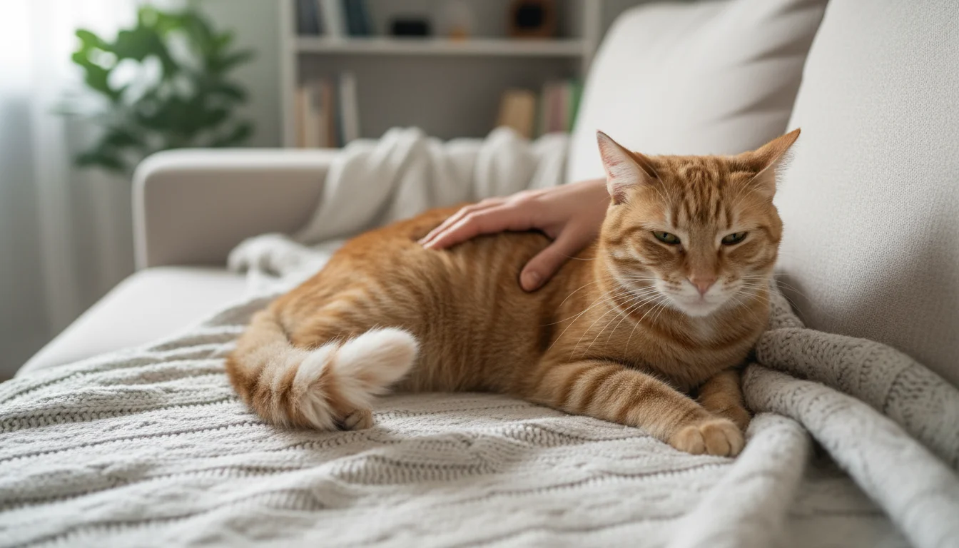 A ginger tabby cat with a subtly twitching tail and backward-swiveled ears, being gently petted on a sofa, showing early signs of discomfort.