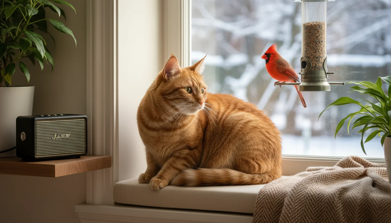 A ginger tabby cat on a window seat intently watches a red cardinal on a bird feeder outside. A speaker is nearby.