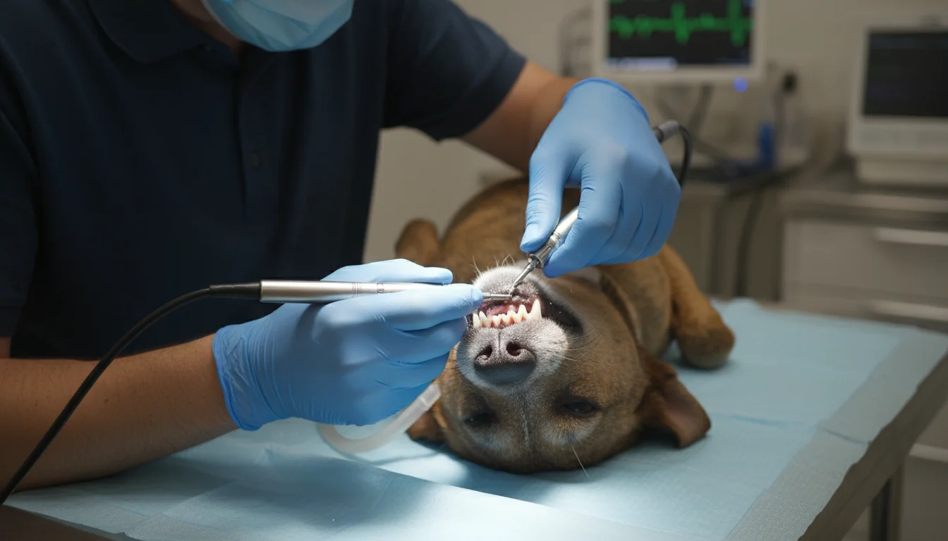 Gloved hands of a veterinarian using a dental scaler on the teeth of a calm brown and white terrier mix dog on an examination table.