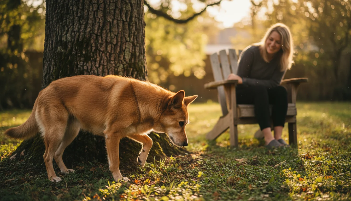 A golden-brown mixed-breed dog sniffs a tree in a sun-dappled backyard while its owner observes from a patio chair.