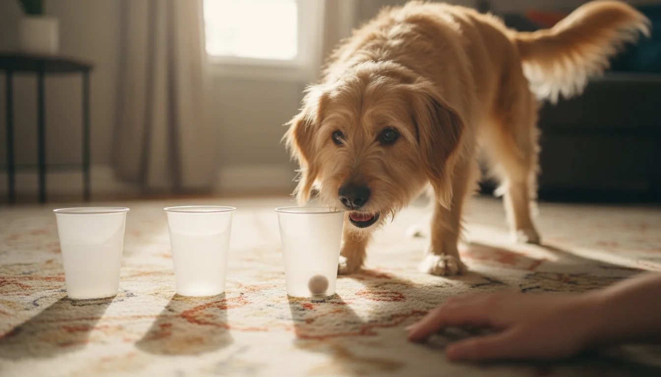 A golden-hued mixed-breed dog nudges an opaque cup with its nose, revealing a treat underneath, playing the shell game on a rug.