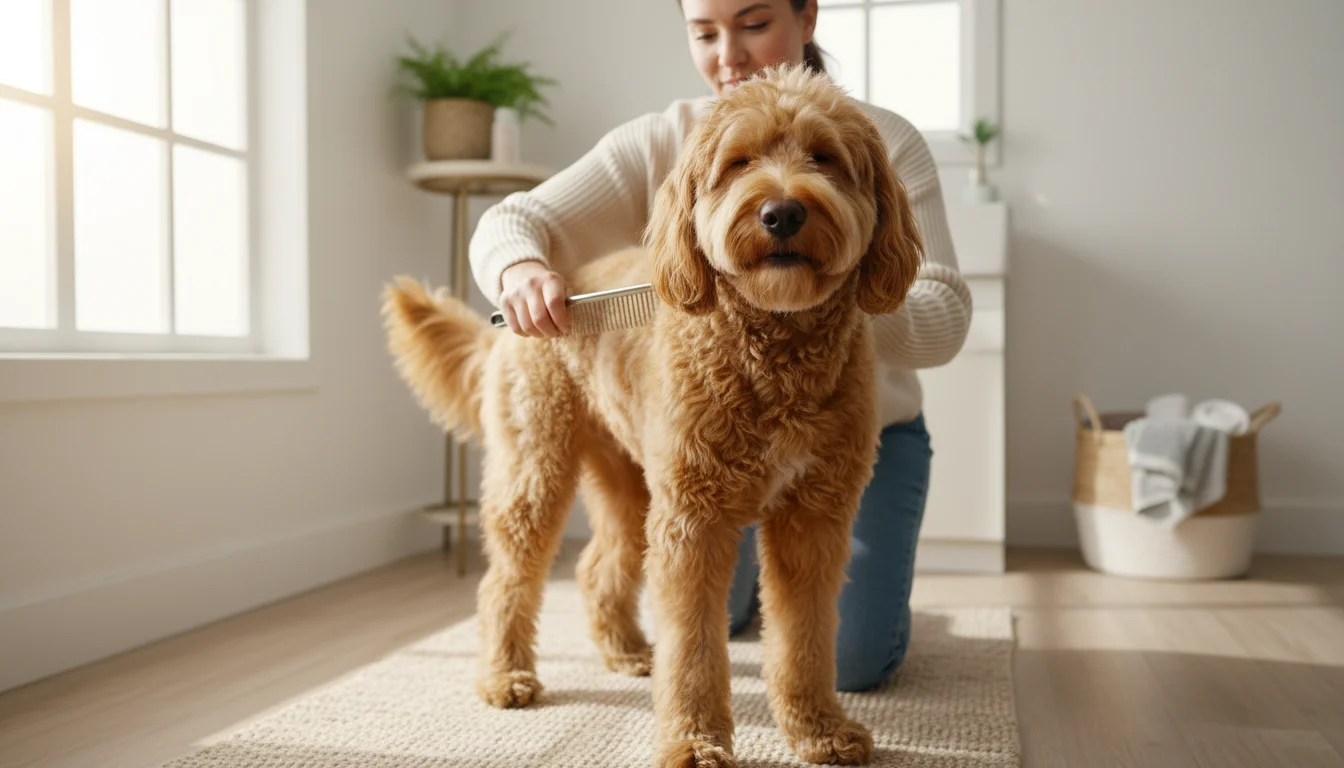 A golden Labradoodle stands calmly as a person gently brushes its damp, curly fur, maintaining its volume and preventing mats.