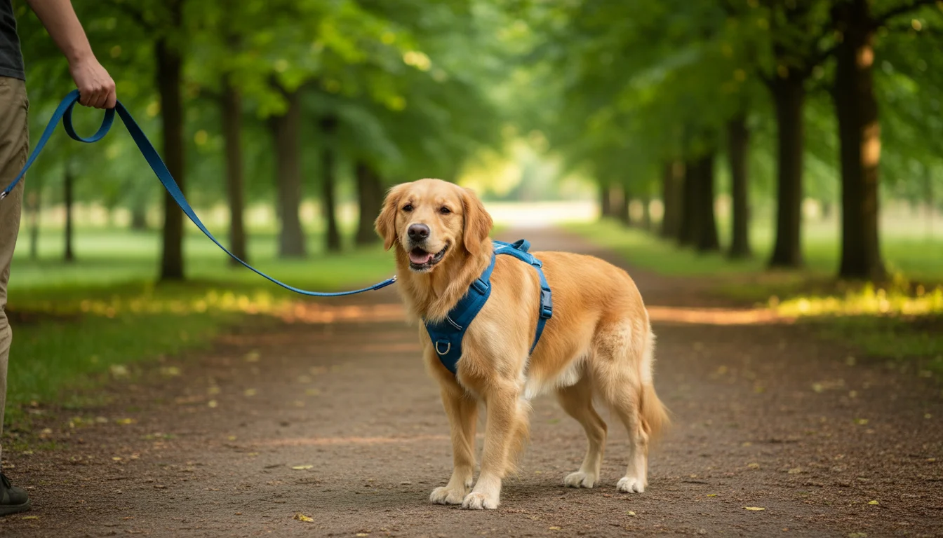 Golden Retriever in a blue front-clip harness walking calmly on a park path, leash attached to its chest. Owner's hand is visible.