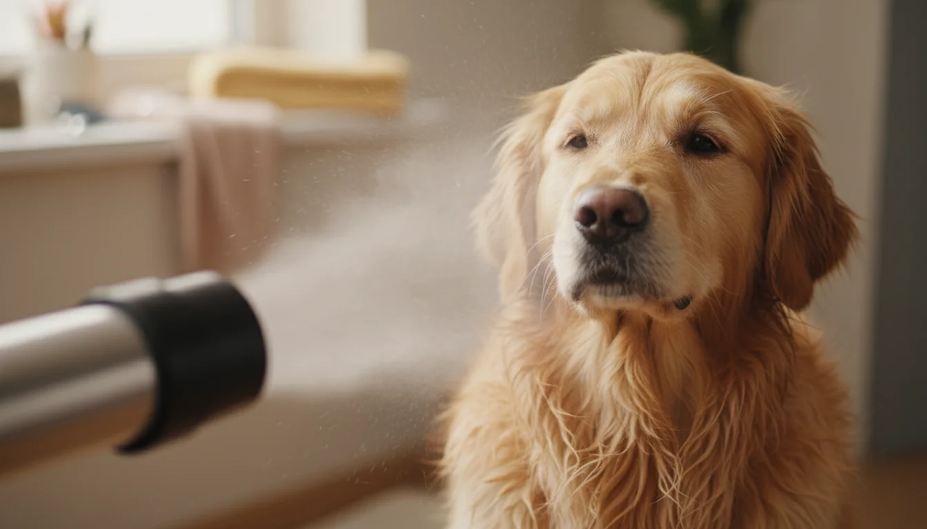 Close-up of a golden retriever's damp, thick fur being thoroughly dried by a powerful pet dryer, individual hairs visibly separating.