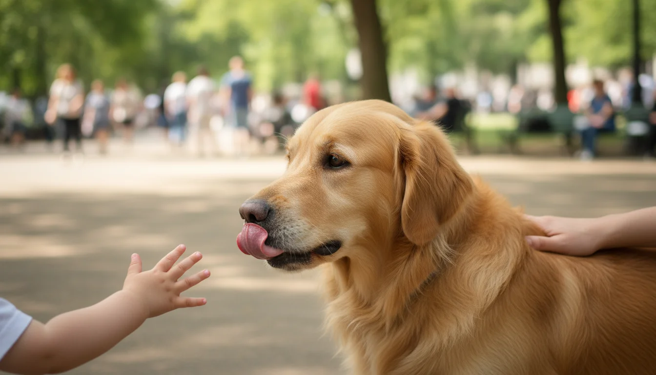 A Golden Retriever displays subtle stress (lip licking, turned head) in a park as a child's hand approaches, while its owner gently intervenes.