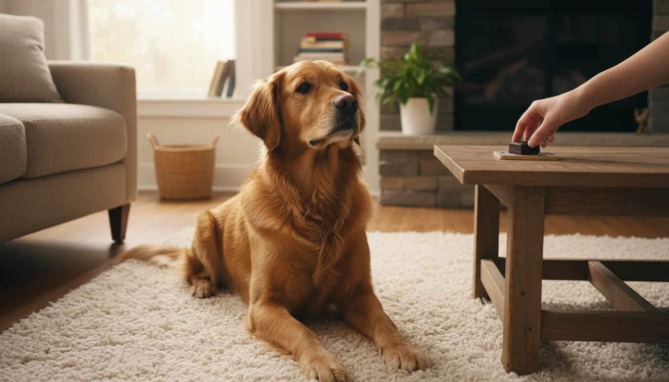 A golden retriever dog on a rug gazes intently at a piece of dark chocolate on a coffee table. A human hand subtly reaches to move the chocolate out o