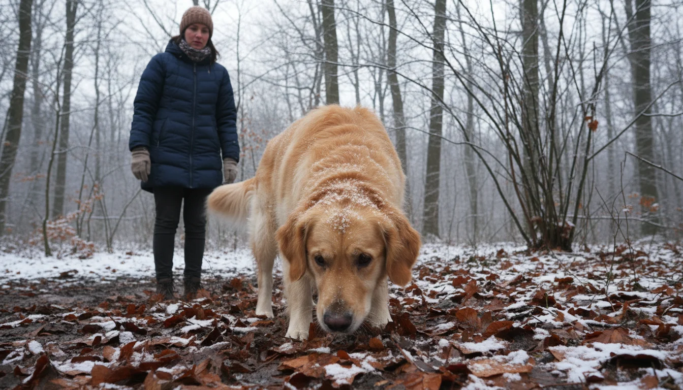 A Golden Retriever dog sniffs wet leaves and sparse snow in a quiet winter forest while its owner watches thoughtfully.