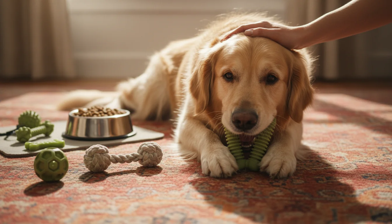 Golden retriever happily chewing a dental treat with a human hand gently stroking its head, with pet food and toys in background.