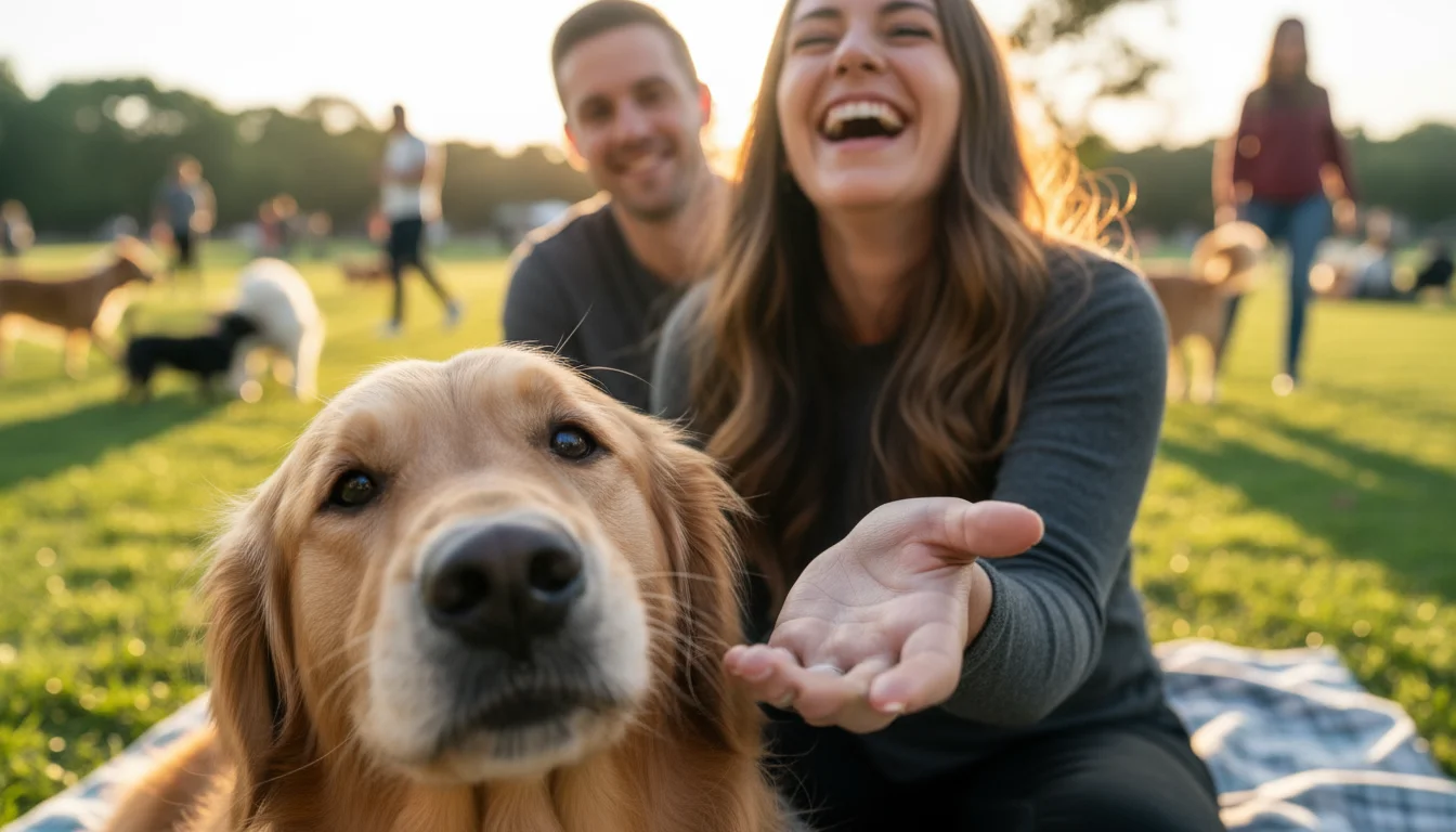 Golden retriever happily nudging a woman's hand for pets; a man scratches its ears in a sunny park with distant blurred figures.
