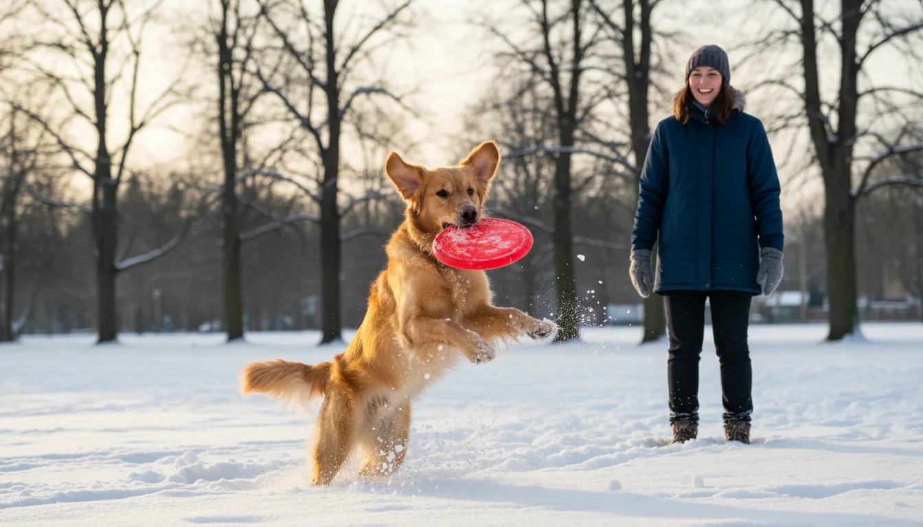 A golden retriever joyfully leaps to catch a red frisbee thrown by its owner in a snow-covered park on a bright winter day.