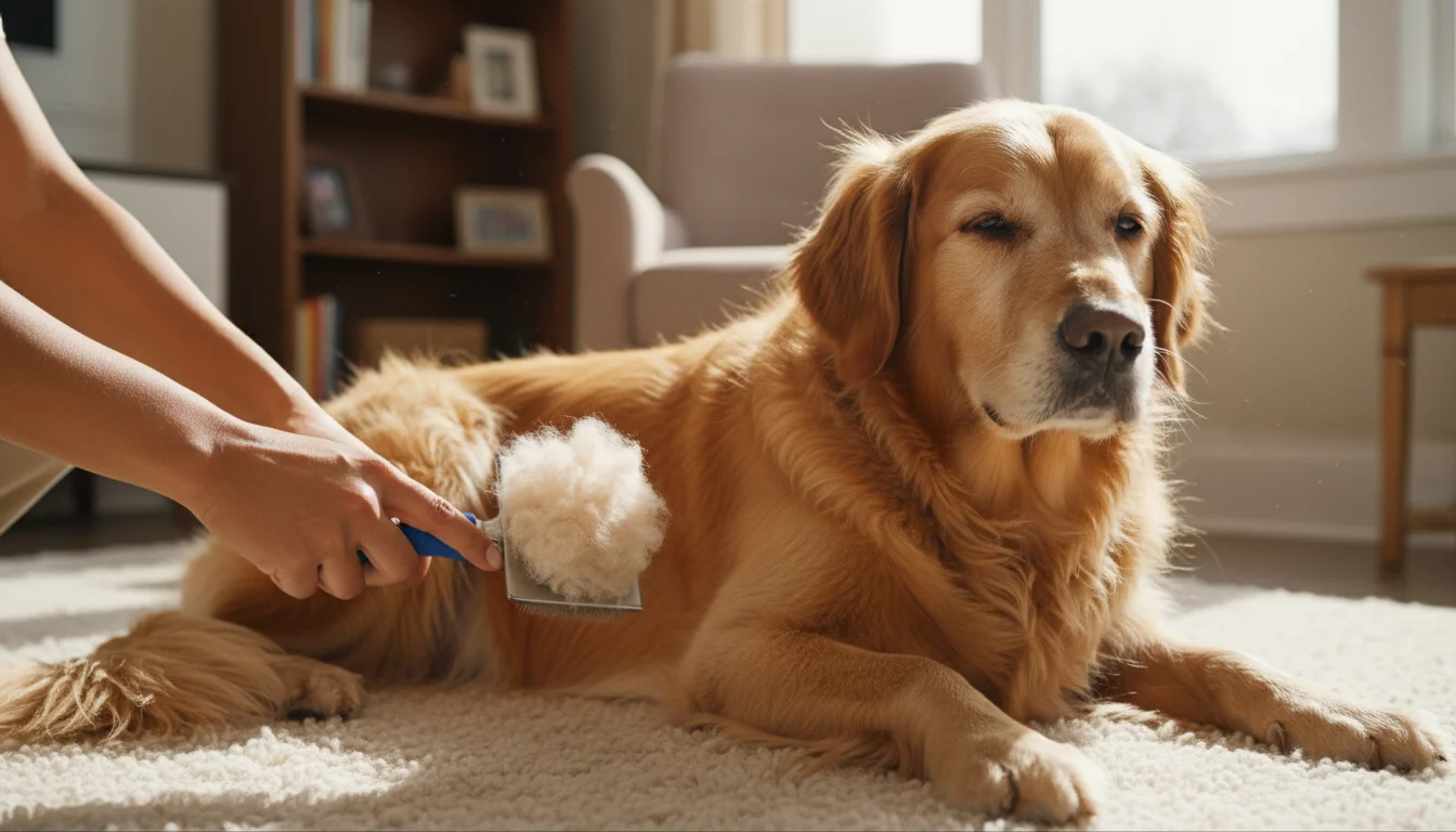 A Golden Retriever lies calmly on a rug as a person brushes its fur with a slicker brush, which is full of collected loose hair.