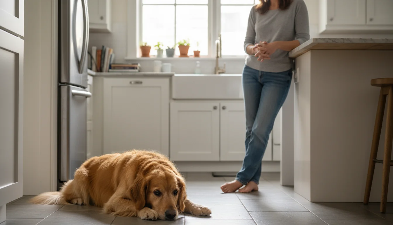 A golden retriever lies still on a kitchen floor, looking subdued, while a woman leans against a counter observing it with concern.