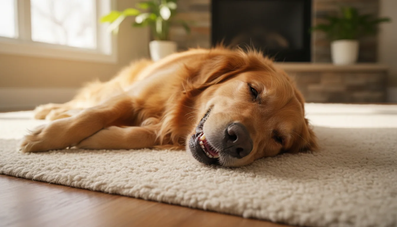 Golden Retriever lying on a rug with its mouth slightly open, showing teeth with subtle yellowing at the gum line.