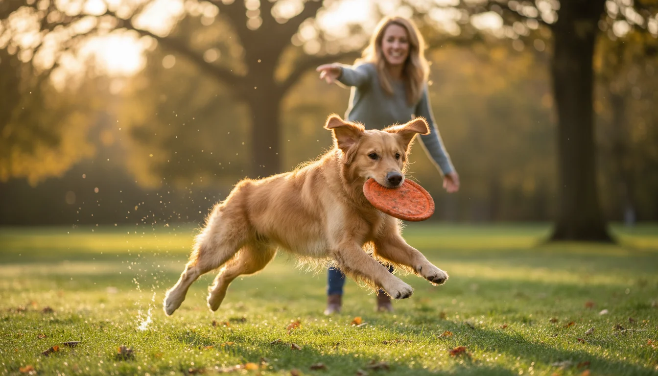 A golden retriever in mid-air, catching a frisbee with a joyful expression, its owner smiling in the background in a sunlit park.